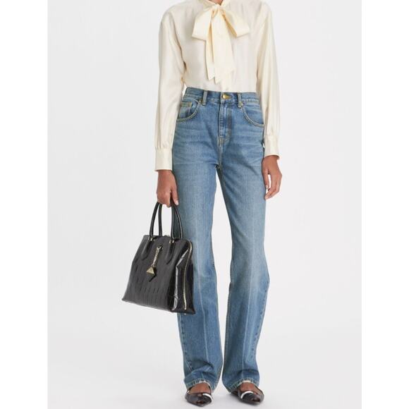 Tory Burch $678 Ivory Silk Bow Blouse Sz 10 M Loose Button Up Top Shirt - Flaws - Picture 1 of 16